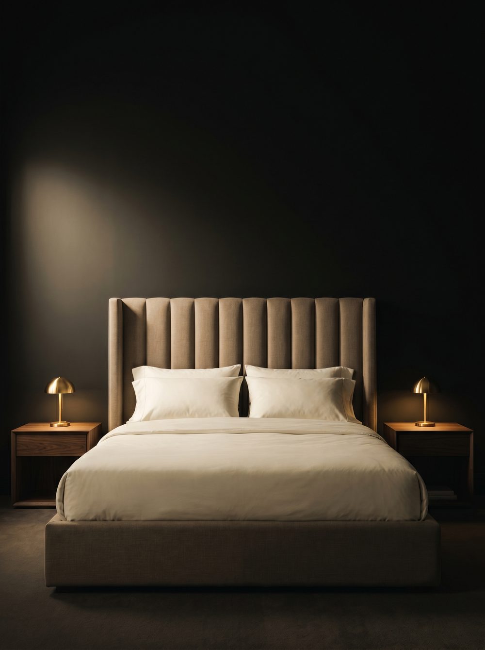 Upholstered platform bed with channel-tufted headboard