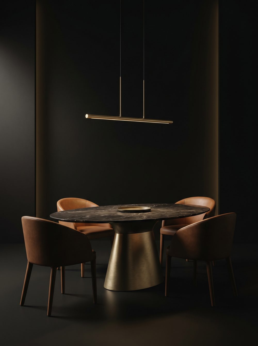 Dark marble dining table with cognac leather chairs