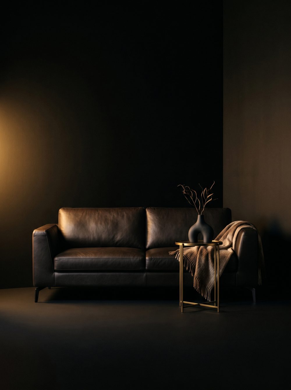 Espresso leather lounge sofa with a brass side table
