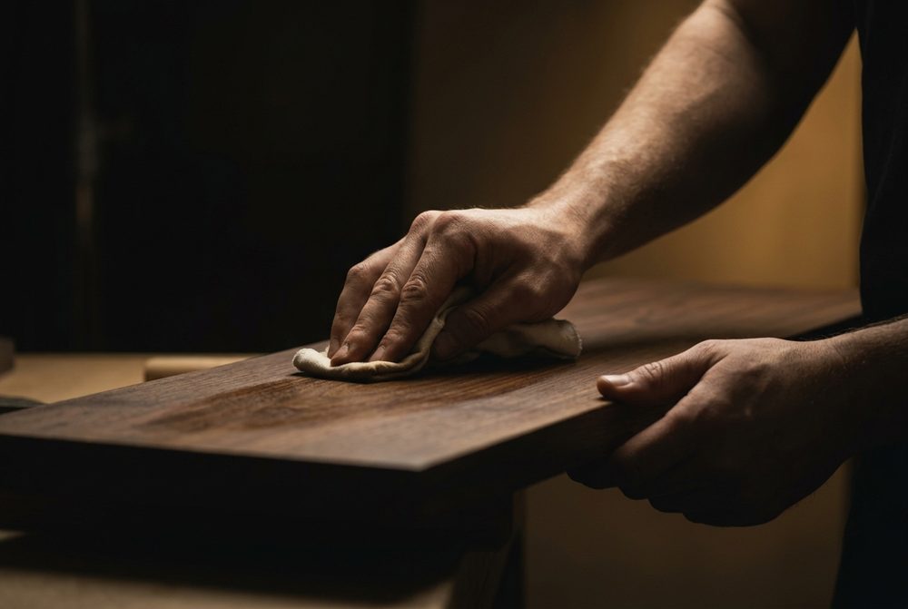 An artisan's hands oiling a length of walnut by hand