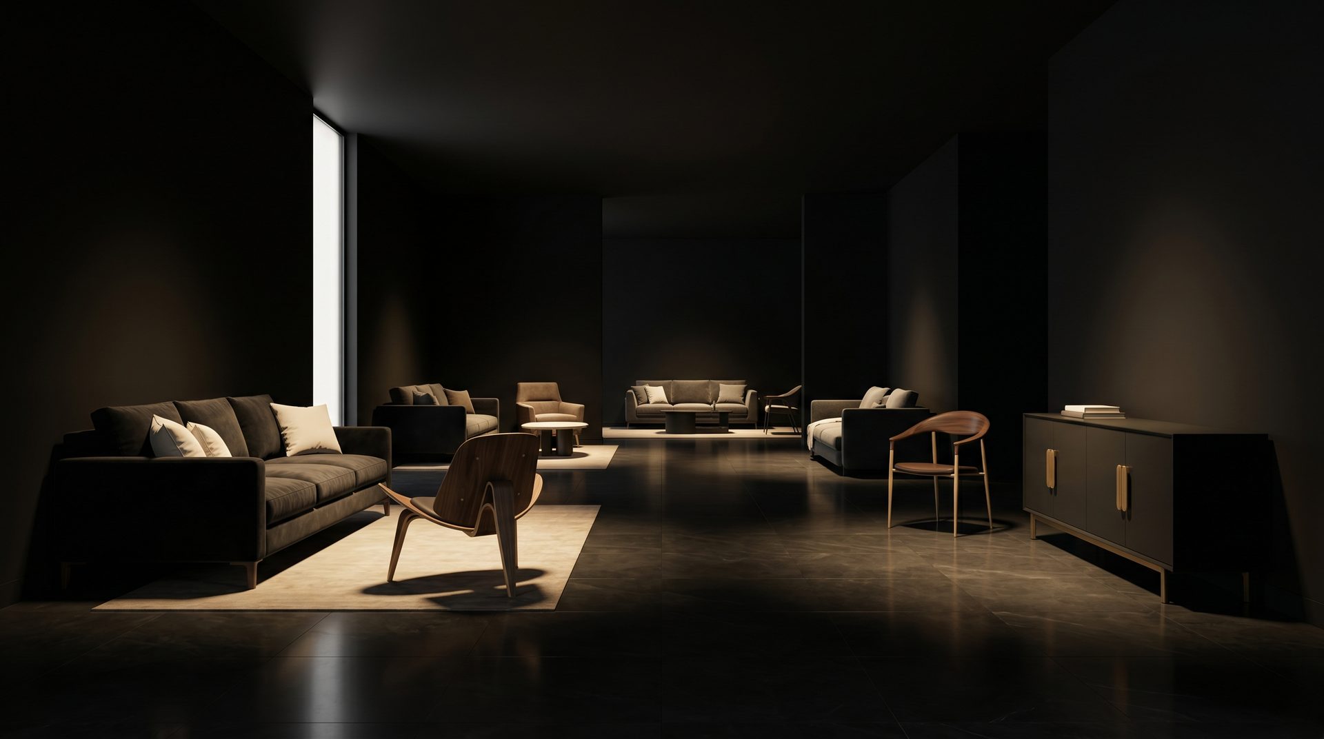 Porsse luxury furniture showroom with spotlit vignettes